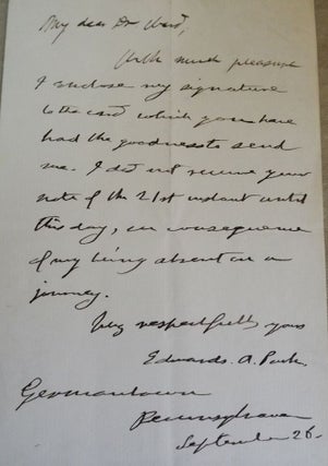 Item #1047 Autograph Letter Signed. Germantown, Pennsylvania Congregationalist. Edwards A. PARK