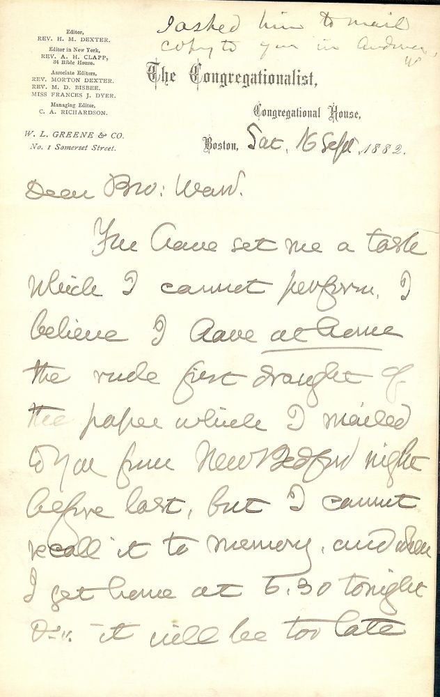 Item #1048 Autograph Letter Signed: Congregationalist Boston. Henry M. DEXTER.