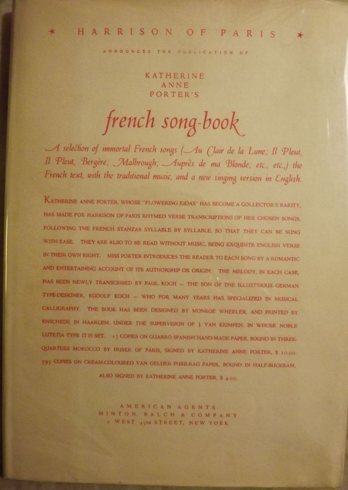 Item #10543 FRENCH SONG-BOOK. KATHERINE ANNE PORTER.
