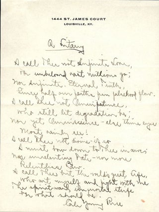 Item #14168 Autograph Manuscript Signed. Cale Young RICE
