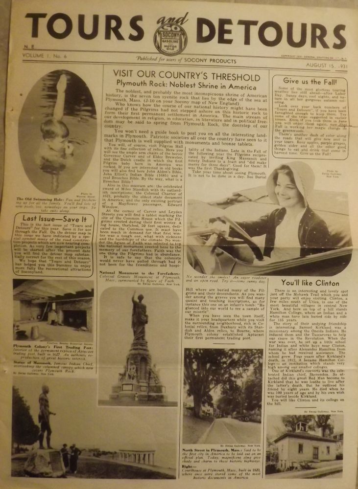 Item #1547 TOURS AND DETOURS. 1931 SOCONY OIL COMPANY NEWSPAPER.