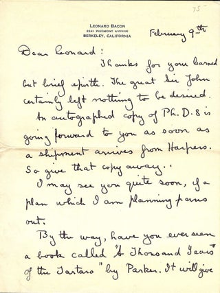 Item #17756 AUTOGRAPH LETTER SIGNED. LEONARD BACON