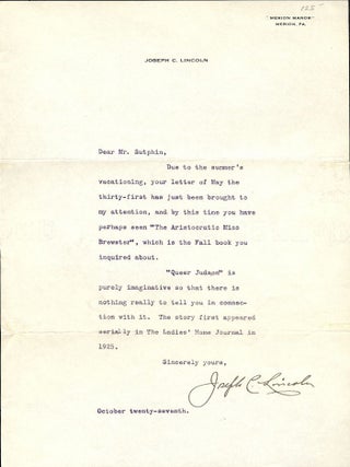 Item #19621 TYPED LETTER SIGNED. JOSEPH C. LINCOLN