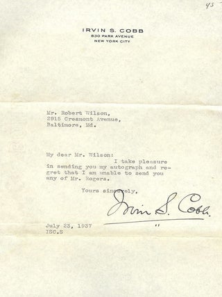 Item #20674 TYPED LETTER SIGNED. IRVIN S. COBB