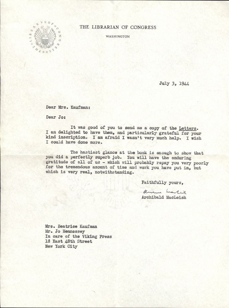 Item #21565 Typed Letter Signed. Archibald MACLEISH.