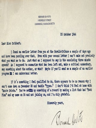 Item #21578 Typed Letter Signed. Bernard DE VOTO