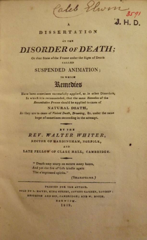 Item #22182 A DISSERTATION ON THE DISORDER OF DEATH. Walter WHITER.