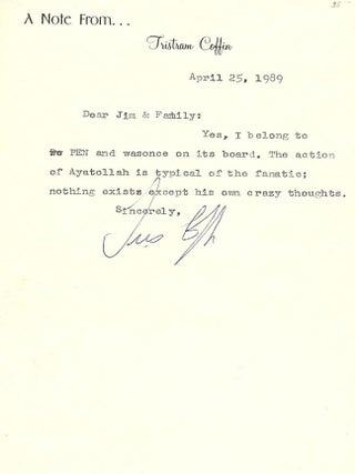 Item #24280 Typed Letter Signed. Tristram COFFIN