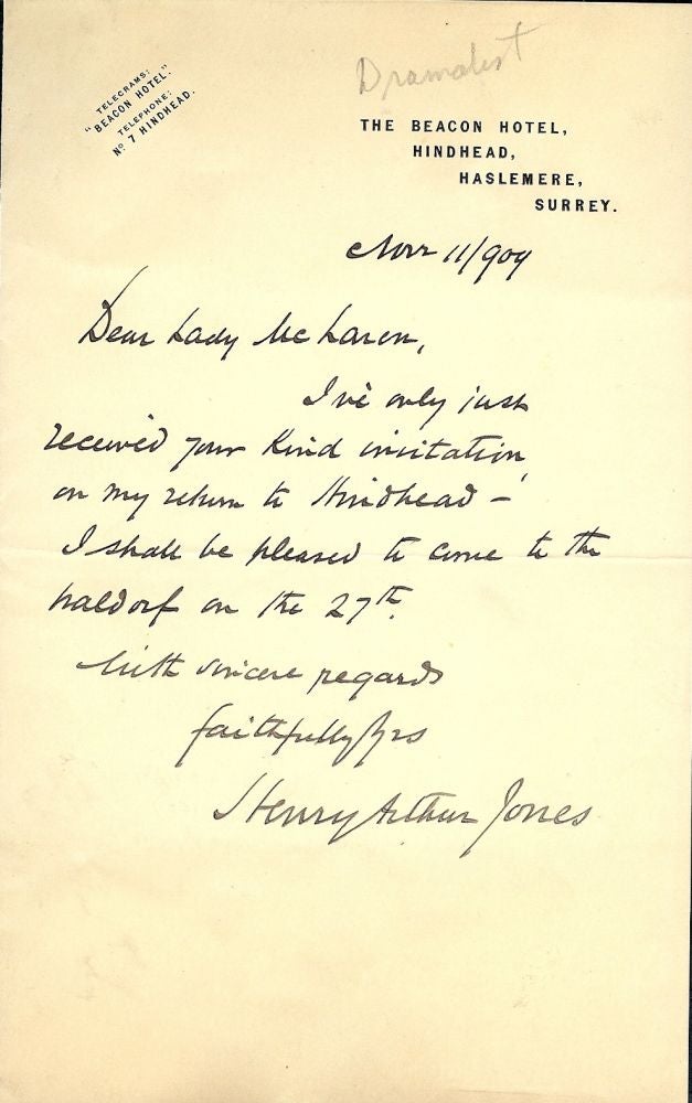 Item #25845 Autograph Letter Signed. Henry Arthur JONES.