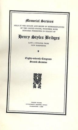 Item #26 HENRY STYLES BRIDGES: MEMORIAL SERVICES. Henry Styles BRIDGES