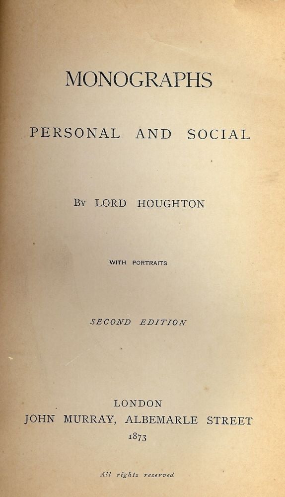 Item #2801 MONOGRAPHS: PERSONAL AND SOCIAL. Lord HOUGHTON.