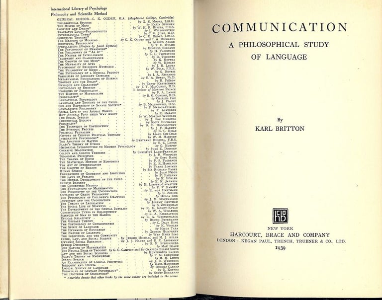 Item #3272 COMMUNICATION: A PHILOSOPHICAL STUDY OF LANGUAGE. Karl BRITTON.