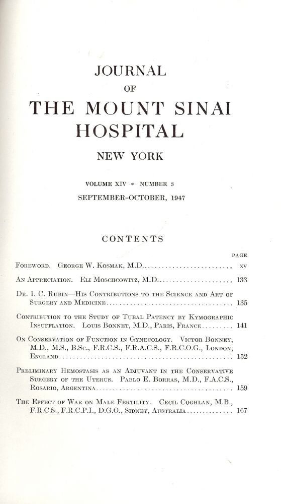 Item #40030 JOURNAL OF THE MOUNT SINAI HOSPITAL NEW YORK. Joseph H. GLOBUS.
