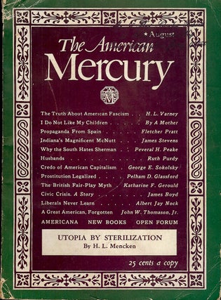 Item #4326 UTOPIA BY STERILIZATION. In American Mercury: August, 1937. H. L. MENCKEN