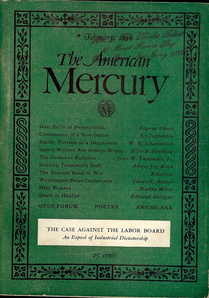 Item #4330 THE AMERICAN MERCURY; February, 1938. Paul PALMER.