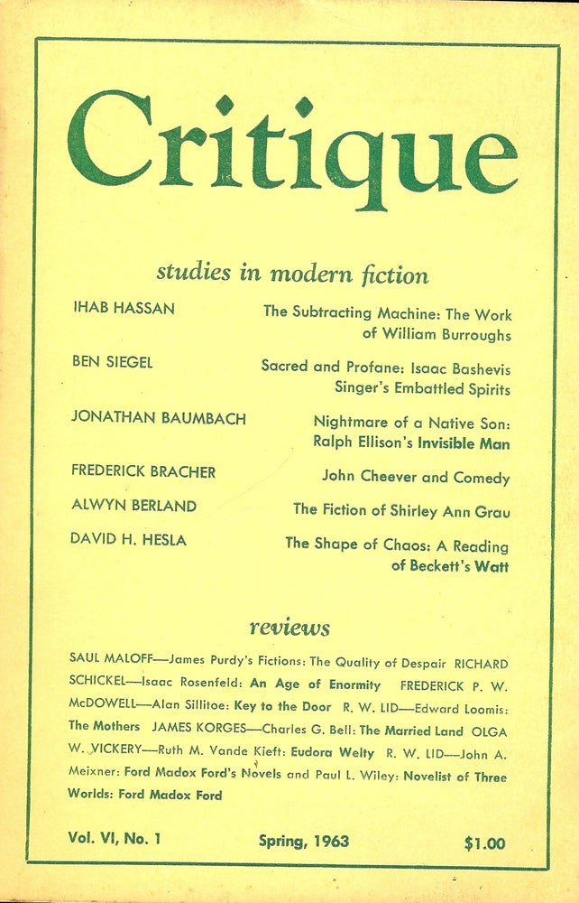 Item #4334 CRITIQUE; Vol. V1, #1, Spring, 1963.