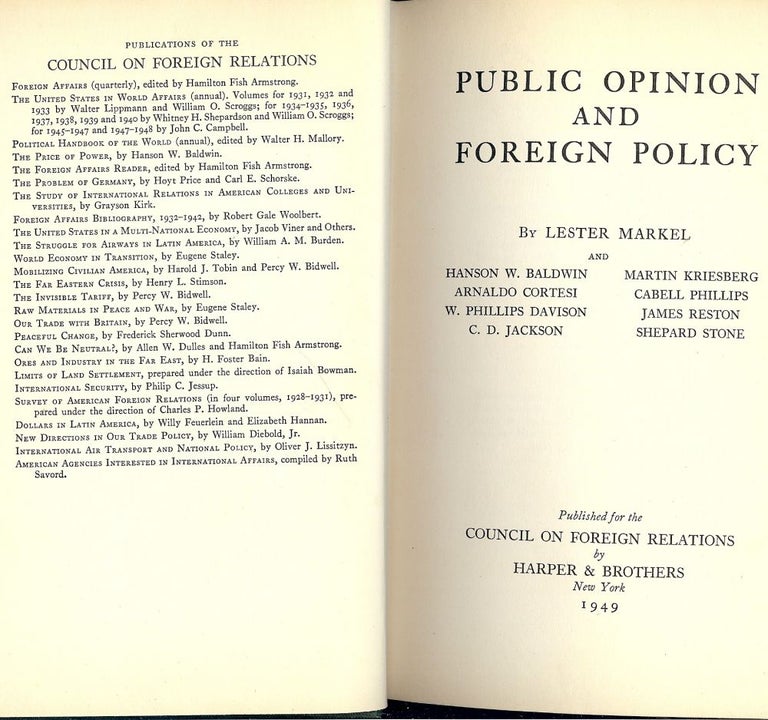 Item #46922 PUBLIC OPINION AND FOREIGN POLICY. Lester MARKEL.
