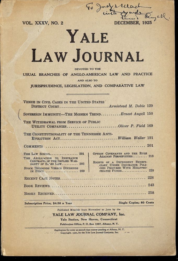 Item #47116 YALE LAW JOURNAL: DECEMBER, 1925. Ernest ANGELL.