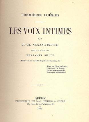 Item #4747 LEW VOIX INTIMES: PREMIERES POESIES. Jean-Baptiste CAOUETTE