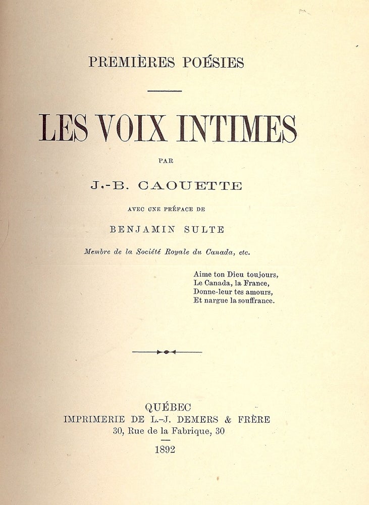 Item #4747 LEW VOIX INTIMES: PREMIERES POESIES. Jean-Baptiste CAOUETTE.