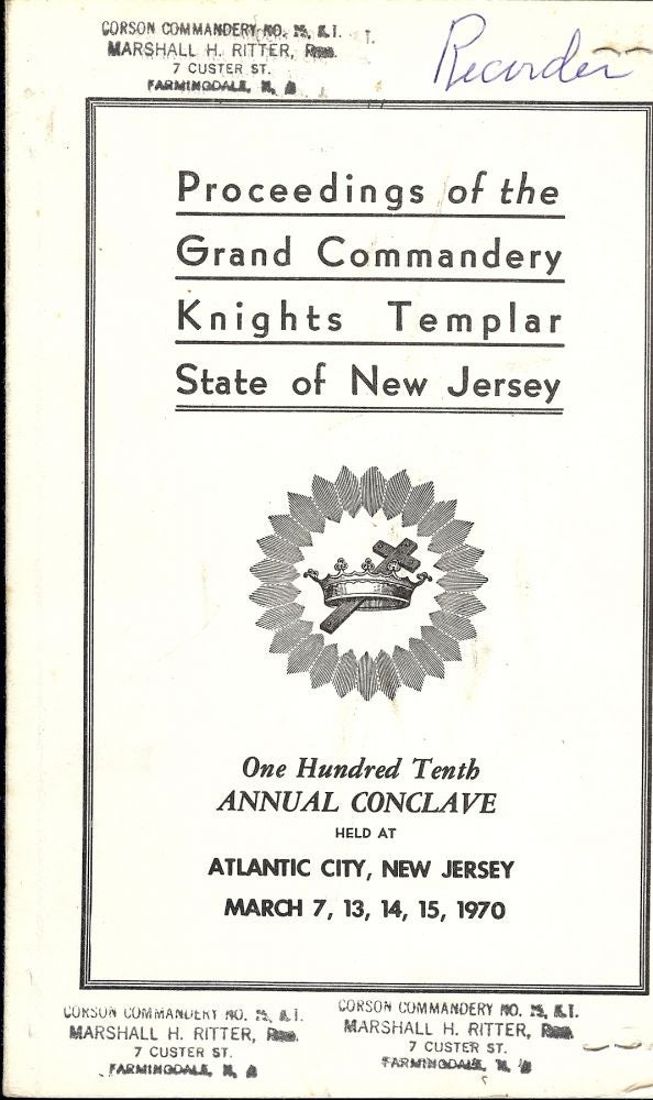 Item #55645 PROCEEDINGS GRAND COMMANDERY KNIGHTS TEMPLAR STATE NEW JERSEY 1970. Sir Knight Charles W. VREELAND.