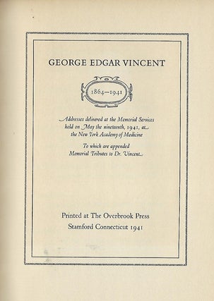 Item #56295 GEORGE EDGAR VINCENT 1864 -1941. George Edgar VINCENT