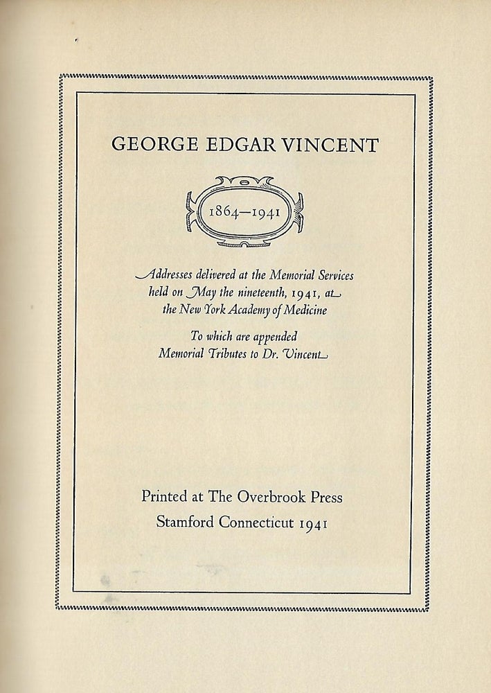 Item #56295 GEORGE EDGAR VINCENT 1864 -1941. George Edgar VINCENT.