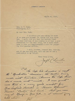 Item #56364 Typed Letter Signed With Personalized Notation. Joseph C. LINCOLN