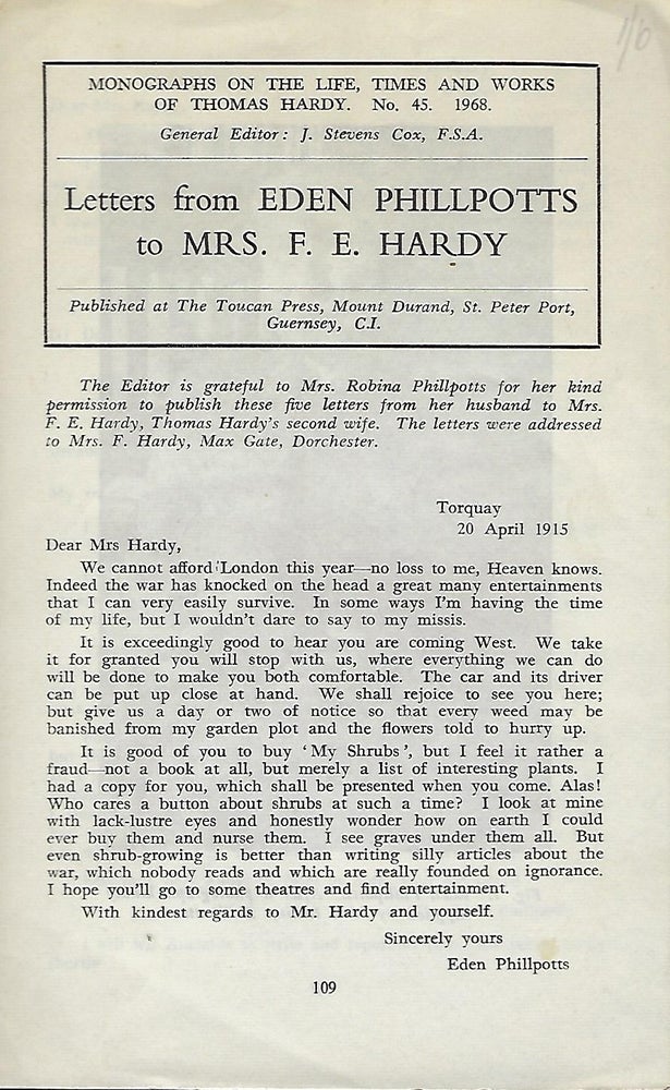 Item #56472 LETTERS FROM EDEN PHILLPOTTS TO MRS. F. E. HARDY. Eden PHILLPOTTS.