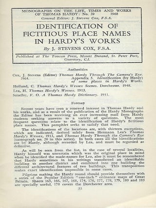 Item #56474 IDENTIFICATION OF FICTITIOUS PLACE NAMES IN HARDY'S WORKS. J. Stevens COX