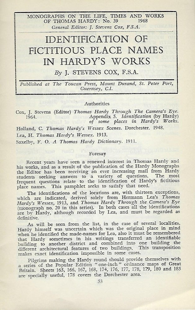 Item #56474 IDENTIFICATION OF FICTITIOUS PLACE NAMES IN HARDY'S WORKS. J. Stevens COX.