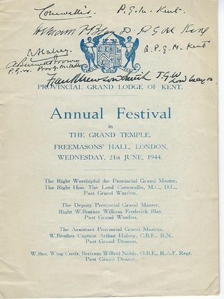Item #56627 GRAND TEMPLE FREEMASONS HALL PROGRAM, LONDON, JUNE 21,1944. Lord CORNWALLIS, Wykeham...