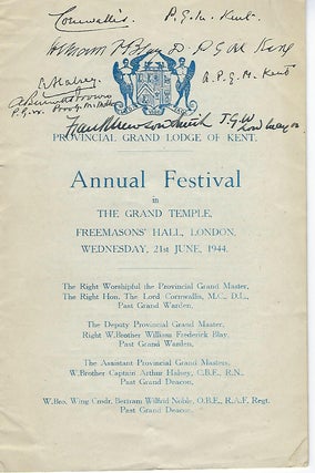 Item #56627 GRAND TEMPLE FREEMASONS HALL PROGRAM, LONDON, JUNE 21,1944. Lord CORNWALLIS, Wykeham...