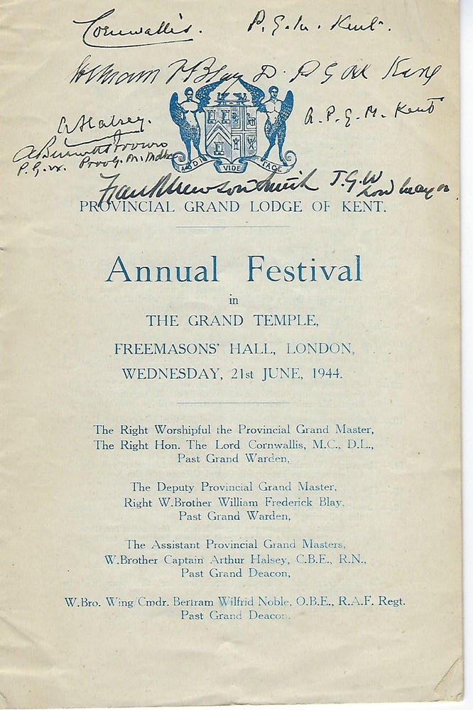 Item #56627 GRAND TEMPLE FREEMASONS HALL PROGRAM, LONDON, JUNE 21,1944. Lord CORNWALLIS, Wykeham Stanley.