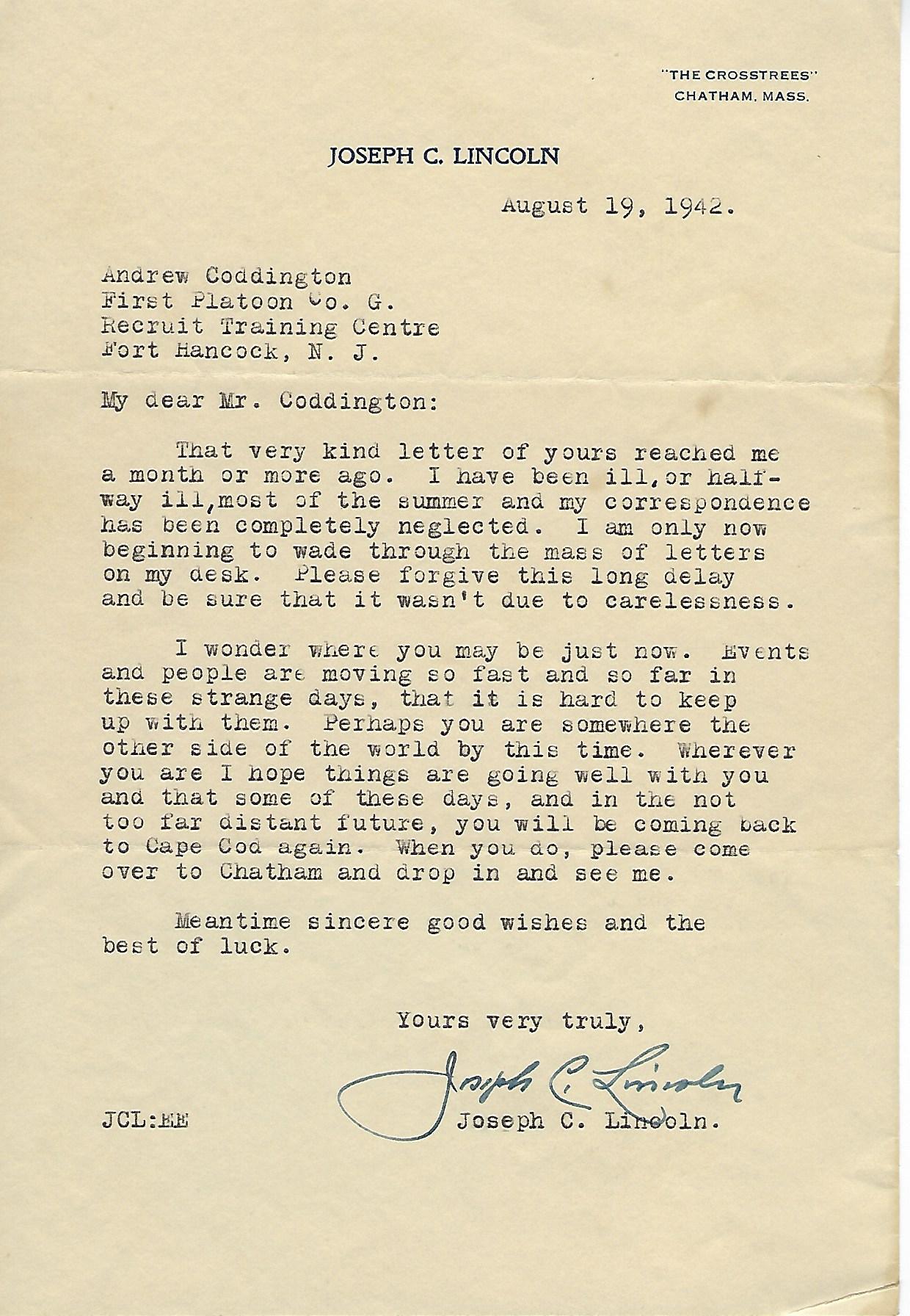 Typed Letter Signed To A WW2 Soldier Joseph C LINCOLN Typed Typed Letter Signed To A WW2 Soldier Joseph C LINCOLN Typed