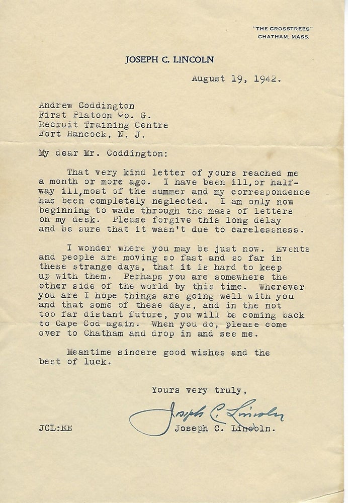 Item #56696 Typed Letter Signed- To A WW2 Soldier. Joseph C. LINCOLN.