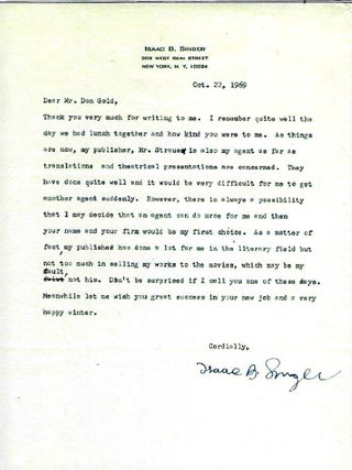 Item #57120 TYPED LETTER SIGNED, 1969. Isaac Bashevis SINGER