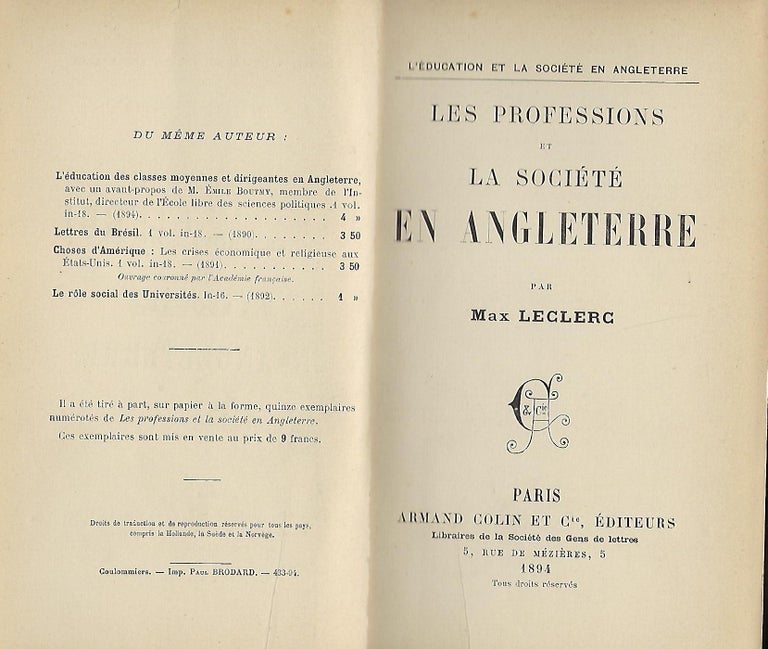Item #57538 LES PROFESSIONS ET LA SOCIETE EN ANGLETERRE. Max LECLERC.