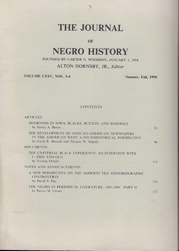 Item #57970 THE JOURNAL OF NEGRO HISTORY: VOLUME LXXV, NOs 3-4; SUMMER, FALL, 1990. Alton HORNSBY.