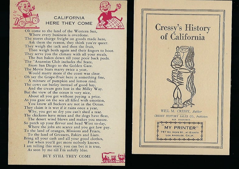 Item #58145 CRESSY'S HISTORY OF CALIFORNIA. WITH "CALIFORNIA HERE THEY COME" POEMS. Will M. CRESSY.