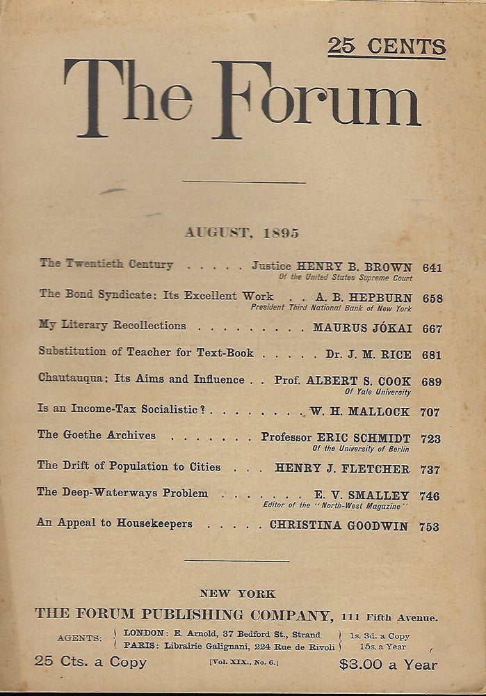 Item #58158 THE FORUM, AUGUST, 1895. 1895 FORUM MAGAZINE. AUGUST.