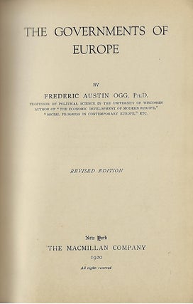 Item #58380 THE GOVERNMENTS OF EUROPE. Frederic Austin OGG