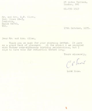 Item #9675 TYPED LETTER SIGNED. C. P. SNOW